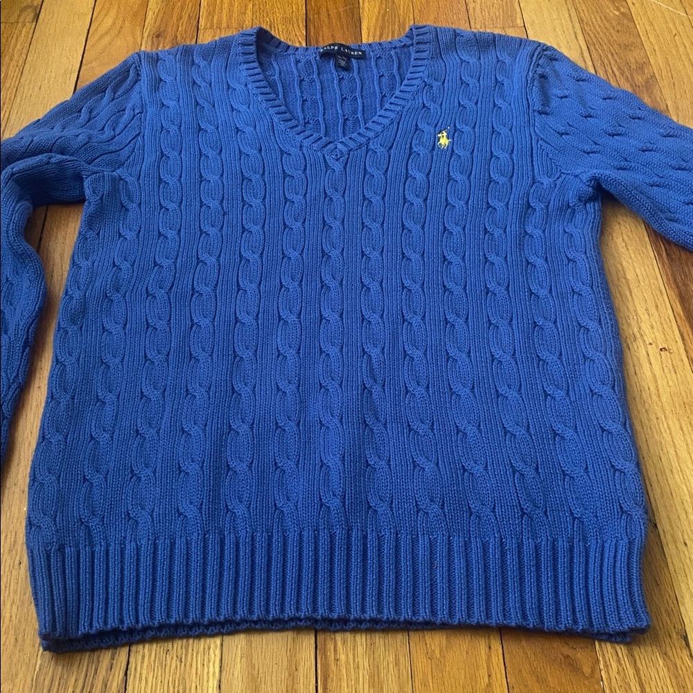 Ralph Lauren Cable Knit V Neck Sweater Size XL 100% Cotton Periwinkle Blue EUC - Picture 13 of 14